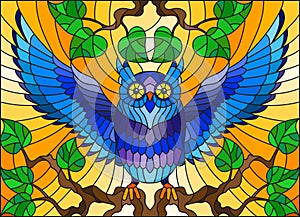 Stained glass illustration with fabulous blue owl sitting on a tree branch against the orange sky