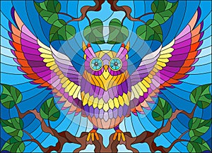 Stained glass illustration with fabulous colourful owl sitting on a tree branch against the sky