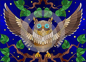 Stained glass illustration with fabulous colourful owl sitting on a tree branch against the starry sky