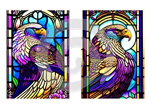 Stained glass illustration with a fabulous eagle sitting on a tree branch