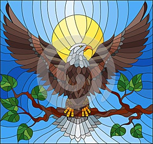 Stained glass illustration with fabulous eagle sitting on a tree branch against the sky