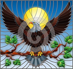 Stained glass illustration with fabulous eagle sitting on a tree branch against the sky