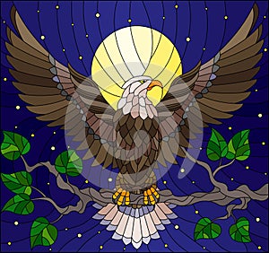 Stained glass illustration with fabulous eagle sitting on a tree branch against the starry sky and moon