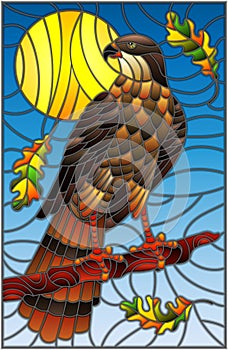 Stained glass illustration with fabulous Falcon sitting on a tree branch against the sky