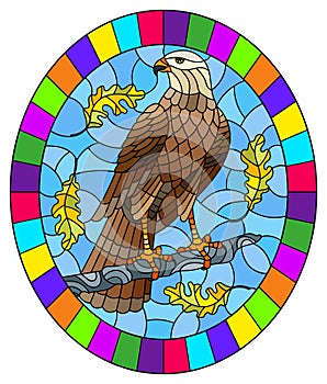 Stained glass illustration  with fabulous Falcon sitting on a tree branch against the sky, oval image in bright frame