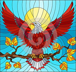 Stained glass illustration with fabulous red eagle sitting on a tree branch against the sky