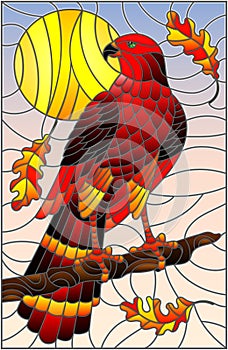 Stained glass illustration with fabulous red Falcon sitting on a tree branch against the sky