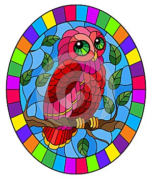 Stained glass illustration with  fabulous red owl sitting on a tree branch against the sky, oval image in bright frame