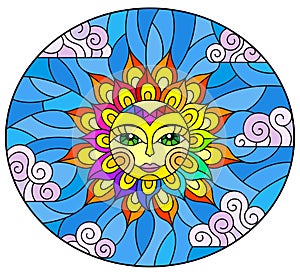 Stained glass illustration with  fabulous sun with the face on the background of sky and clouds, oval image