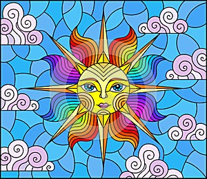 Stained glass illustration with  fabulous sun with the face on the background of sky and clouds, oval image