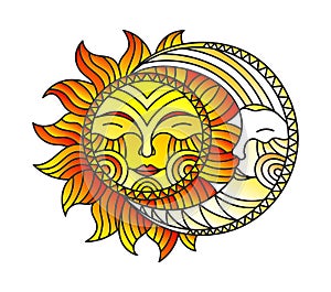 Stained glass illustration with fabulous sun and moon, isolated on white background