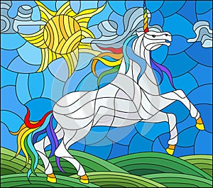 Stained glass illustration with fabulous white unicorn galloping on the green meadow on the background of the cloudy sky and sun