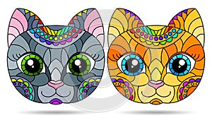 Stained glass illustration with  the faces of cute cartoon cats, animals isolated on a white background