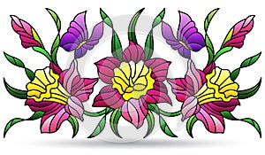 A stained glass illustration with floral arrangement of daffodils and butterflies, isolated on a white background