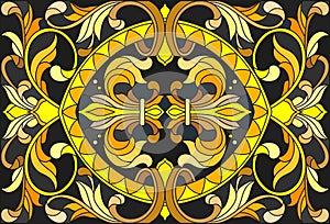 Stained glass illustration with floral ornament ,imitation gold on dark background with swirls and floral motifs