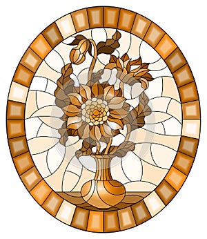 Stained glass illustration with  floral still life, a bouquet of asters in a vase on a ight background, oval image in a bright fra