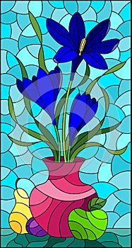 Stained glass illustration with floral still life, a bouquet of blue flowers in a vase and fruit on a blue sky background