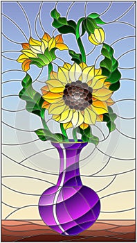 Stained glass illustration with floral still life, a bouquet of sunflowers in a purple vase on a blue background