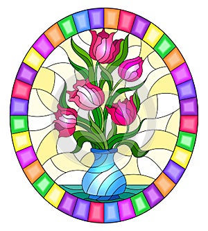 Stained glass illustration with  floral still life,pink bouquet of Tulips in a blue vase on a yellow background, oval image in bri