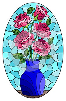 Stained glass illustration with  floral still life, vase with a bouquet of pink roses on a blue background, oval image