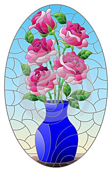 Stained glass illustration with  floral still life, vase with a bouquet of pink roses on a blue background, oval image