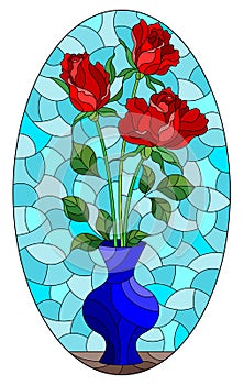 Stained glass illustration with floral still life, vase with a bouquet of red roses on a blue background, oval image