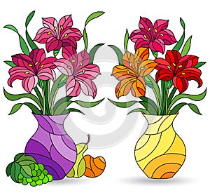 Stained glass illustration with  floral still lifes, Lily flowers in vases isolated on a white background