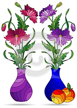 Stained glass illustration with floral still lifes, vases with flowers isolated on a white background