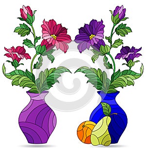 Stained glass illustration with floral still lifes, vases with flowers isolated on a white background