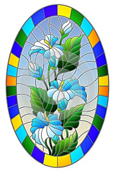 Stained glass illustration flower of callas lilys on a blue background in a bright frame,oval image