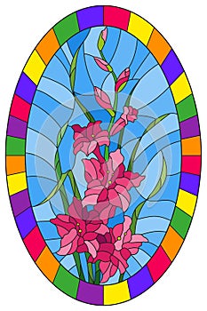 Stained glass illustration flower of pink gladiolus on a blue background in a bright frame,oval image
