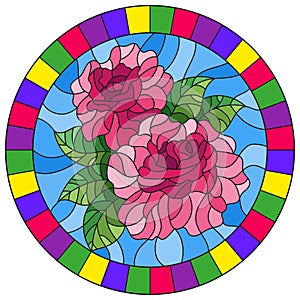 Stained glass illustration flower of pink rose on a blue background in a bright frame,round image
