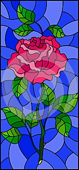 Stained glass illustration with flower of pink rose on a blue background