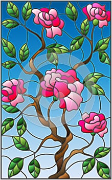 Stained glass illustration flower of pink rose on a blue background