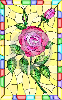 Stained glass illustration flower of pink rose on a yellow background