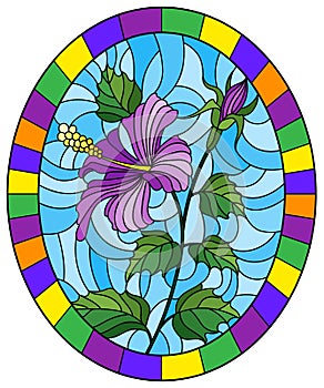 Stained glass illustration flower of purple hibiscus on a blue background in a bright frame,oval image