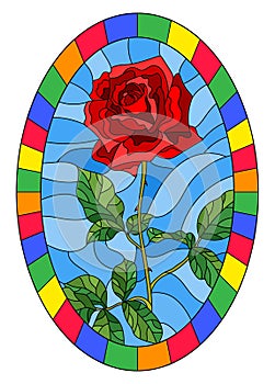 Stained glass illustration flower of red rose on a blue background in a bright frame,oval image