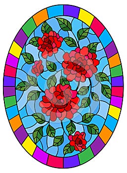 Stained glass illustration  flower of red roses on a blue background in a bright frame,oval  image