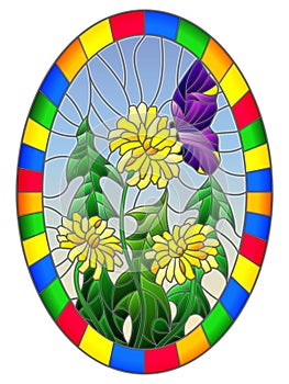 Stained glass illustration flower of Taraxacum and purple butterfly on a sky background,oval image in bright frame