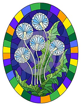 Stained glass illustration flower of Taraxacums on a blue background in a bright frame,oval image