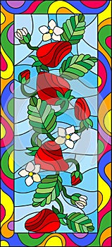 Stained glass illustration with flowers, berries and leaves of strawberry in a bright frame,vertical orientation