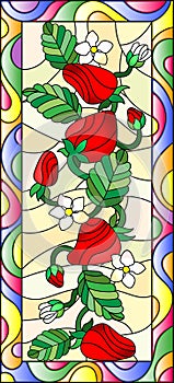 Stained glass illustration with flowers, berries and leaves of strawberry in a bright frame,vertical orientation