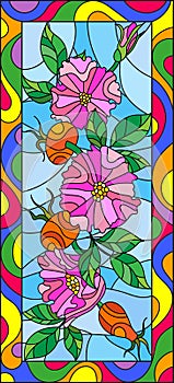 Stained glass illustration with flowers , berries and leaves of wild rose in a bright frame,vertical orientation
