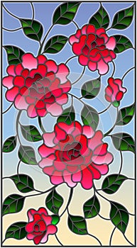 Stained glass illustration with flowers, buds and leaves of pink roses on a blue background