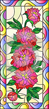 Stained glass illustration with flowers, buds and leaves of red peonies