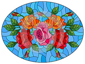 Stained glass illustration with  flowers, buds and leaves of  roses on a blue background , oval image