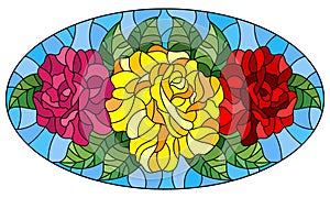 Stained glass illustration with  flowers, buds and leaves of  roses on a blue background , oval image