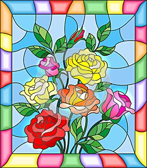 Stained glass illustration with flowers, buds and leaves of roses on a blue background