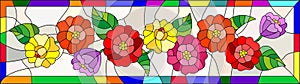 Stained glass illustration with flowers,buds and leaves of zinnias in a bright frame,horizontal orientation