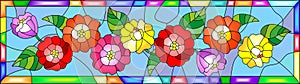 Stained glass illustration with flowers,buds and leaves of zinnias in a bright frame,horizontal orientation